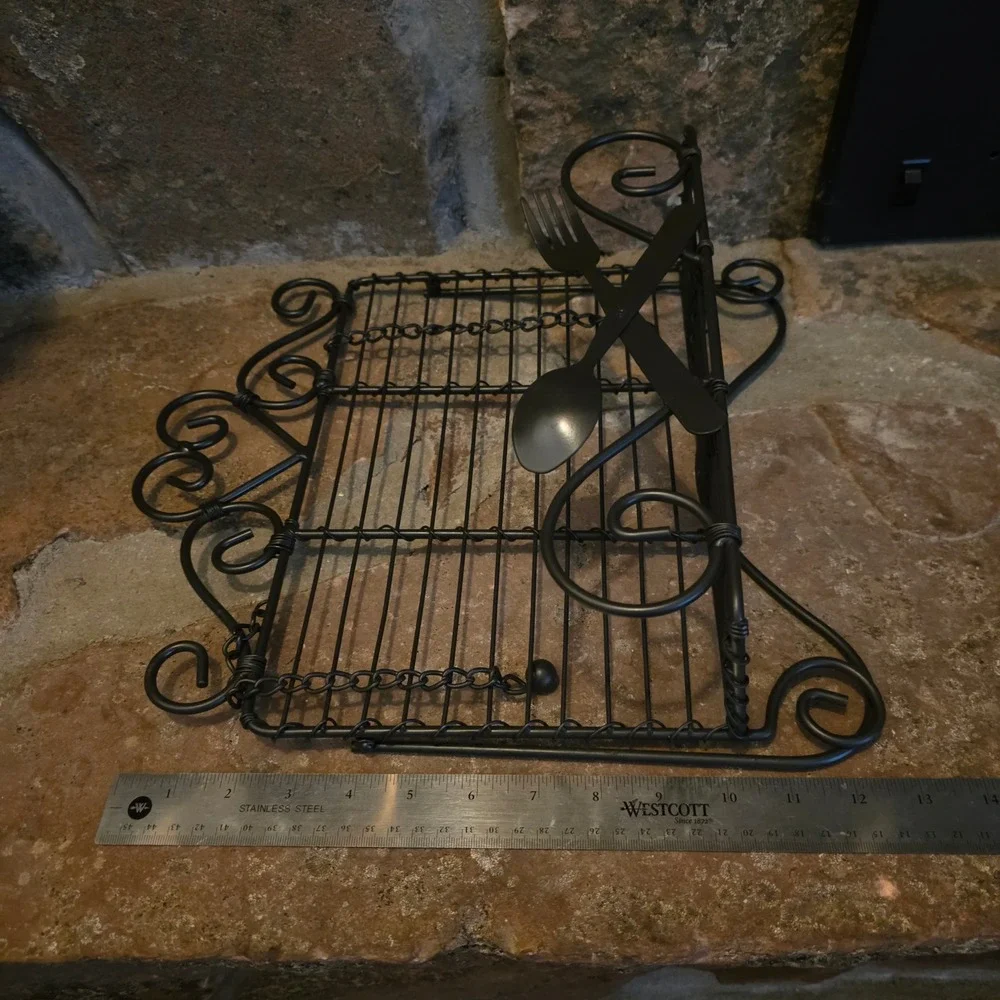 Black Wrought Iron Cookbook Stand Scrollwork Easel with Page Weights Fork Spoon